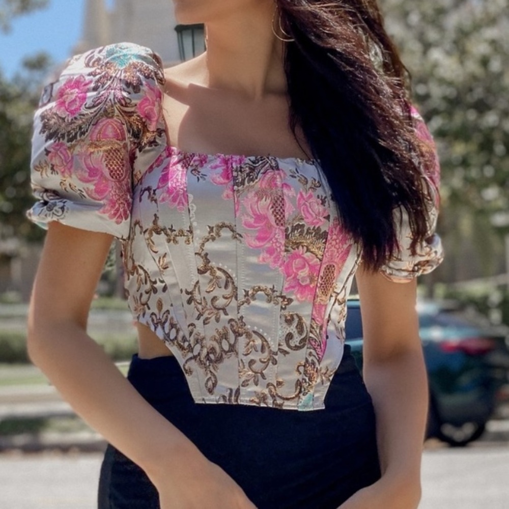 Shein Floral brocade Puff Sleeve Corset Top